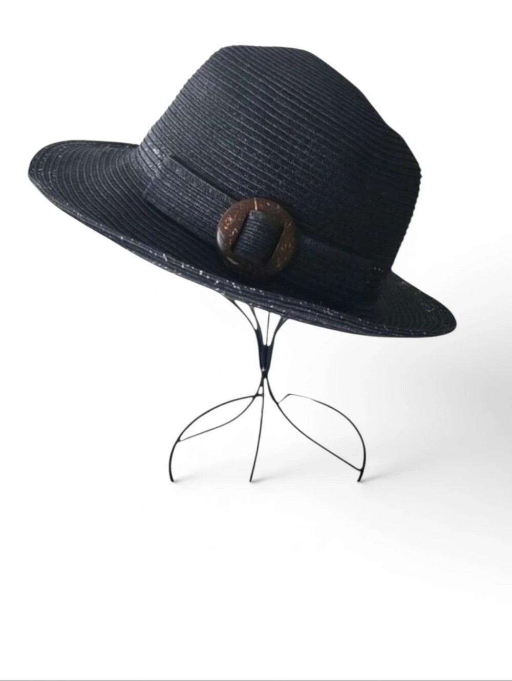 David & Young Black Straw Hat w/ Silver Threading & Wood Buckle